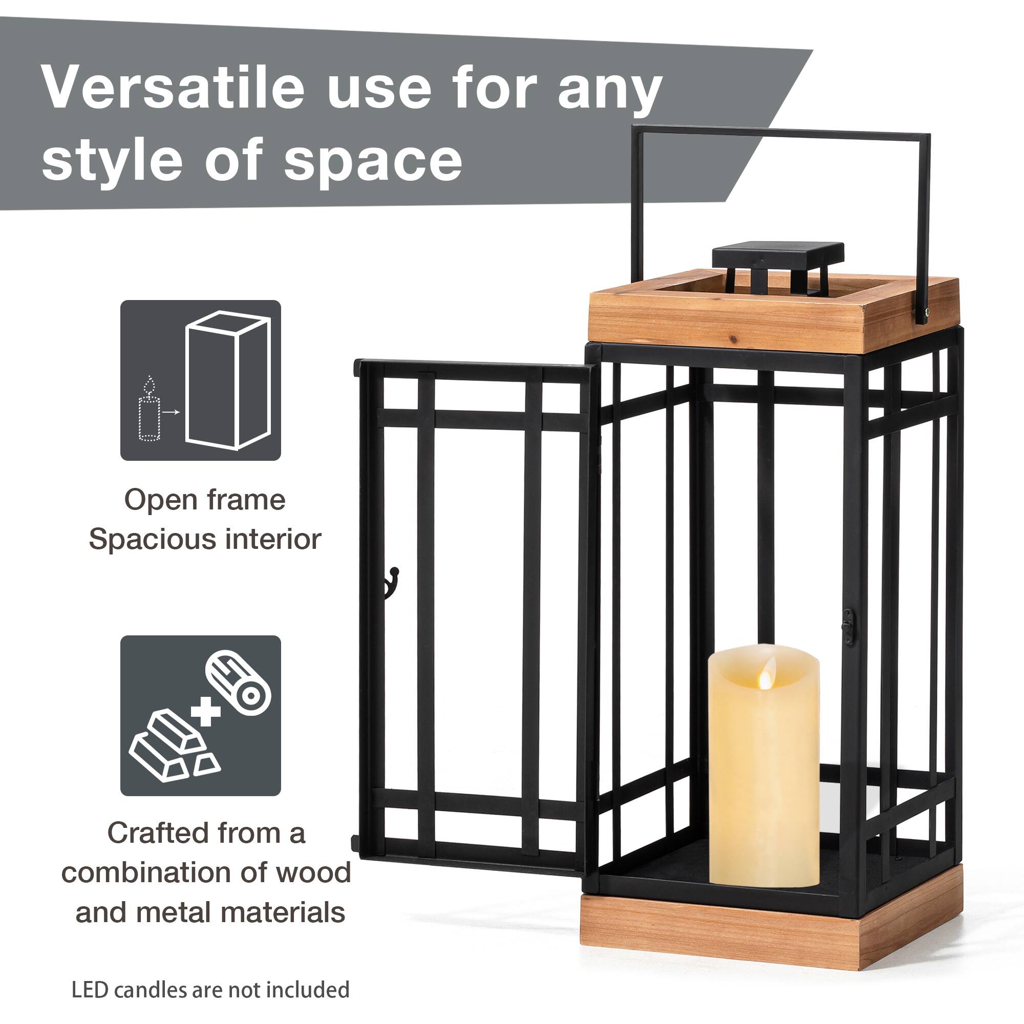 Glitzhome® Black Modern Square Metal & Wood Lanterns Set